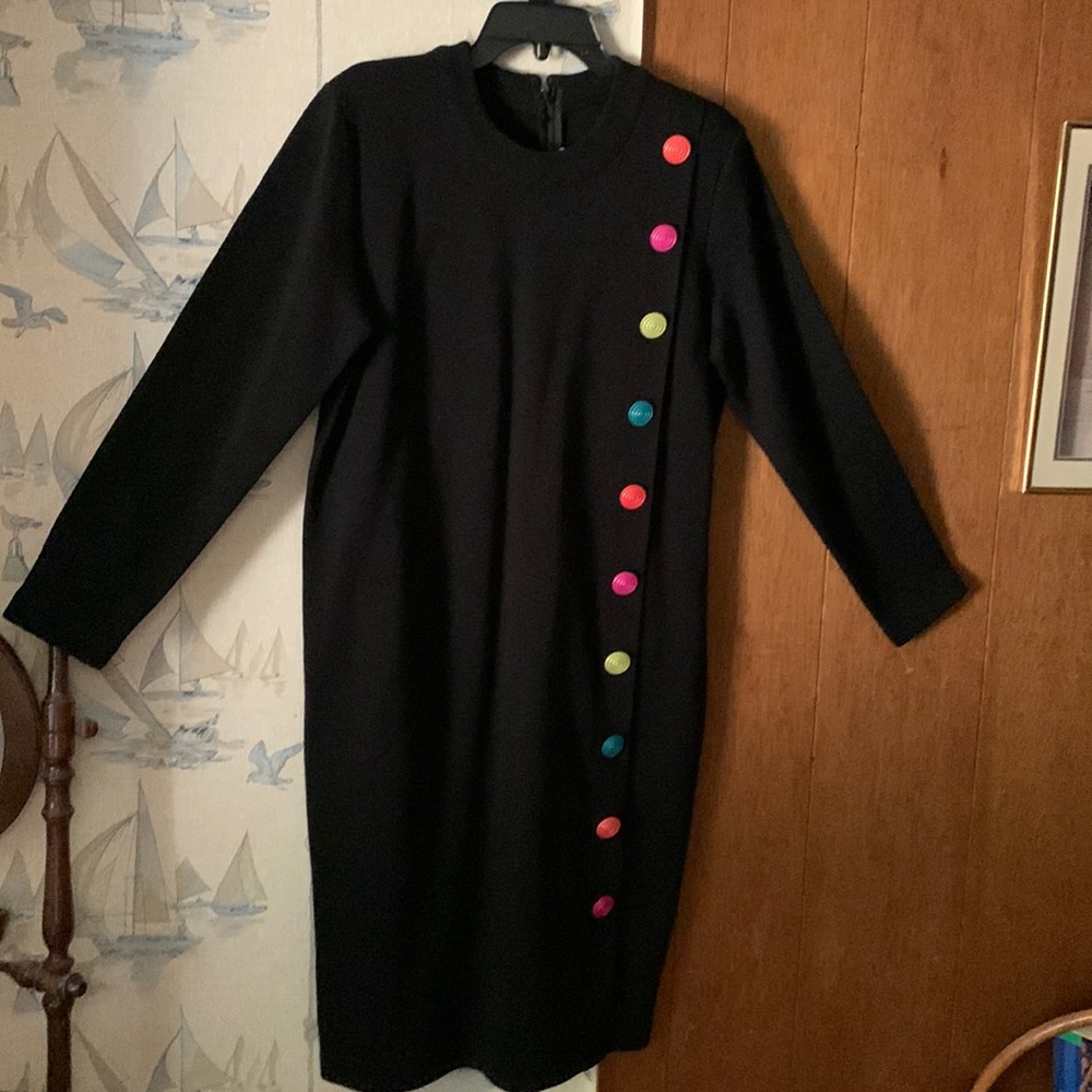 Black Knit dress w/color buttons down the from zipper down back size L no worn